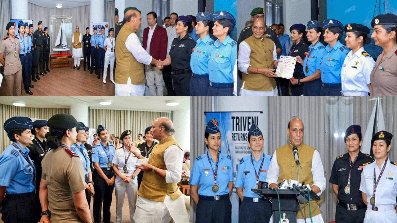 Raksha Mantri felicitates crew of IASV Triveni for completing first-ever all-women Tri-services circumnavigation sailing expedition