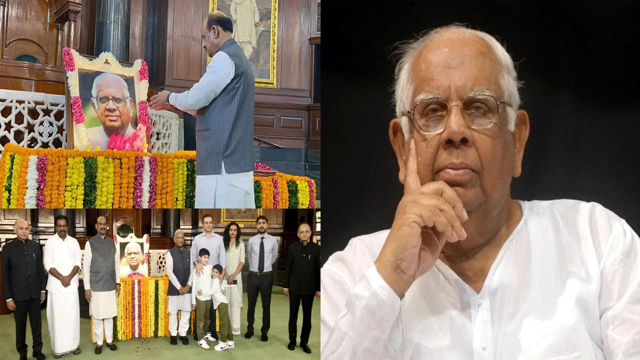 LOK SABHA SPEAKER PAYS FLORAL TRIBUTES TO SHRI SOMNATH CHATTERJEE